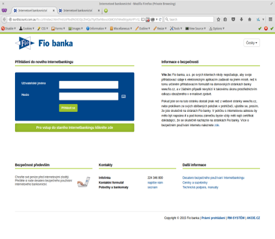 Falešná přihlašovací stránka internetového bankovnictví